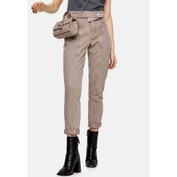 Topshop Denim - TOPSHOP Cropped Mom Jeans Women's W28 L30 Beige Foldover Waist Slash Pockets